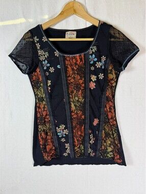Vintage Edista Womens Large Y2K Floral Lace Panel Mesh Sleeve Top Black USA Made